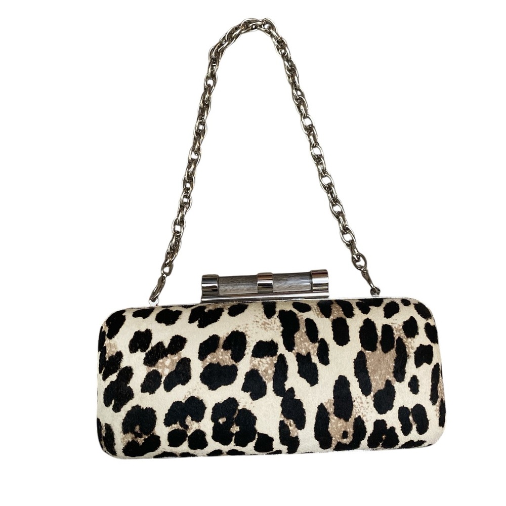 Leopard calf hair hard case clutch